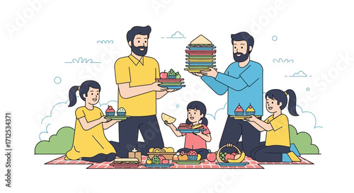 Family Picnic Illustration Featuring Dads, Kids, And Delicious Food In A Park Setting