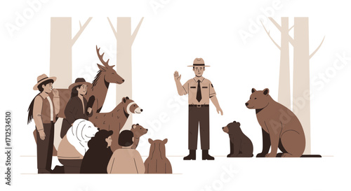 Forest Ranger Educating Tourists About Wild Animals In A Nature Preserve