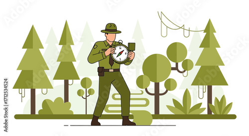 Forest Ranger Navigating With Compass Amidst Trees With Green-Themed Minimalist Design