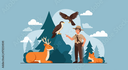 Forest Ranger Leading Nature With Animals Depicted In Beautiful And Captivating Style