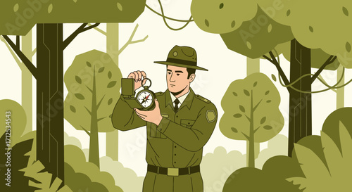 Forest Ranger Navigating Wilderness With Compass, Observing Surroundings, And Finding Direction