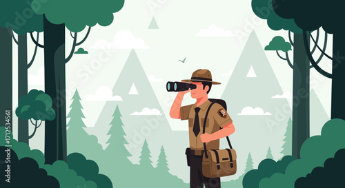 Forest Ranger Observing Wildlife in a Verdant Mountain Landscape Illustration