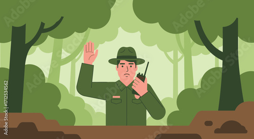 Forest Ranger Signals Alert While Using A Walkie Talkie In A Green, Lush Environment