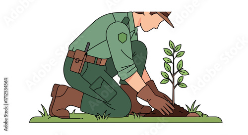 Forest Ranger Planting Tree To Promote Environmental Consciousness And Nature Conservation