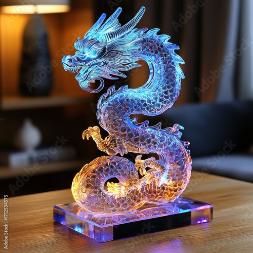 Intricate Crystal Dragon Sculpture with Colorful Lighting on Display Table
