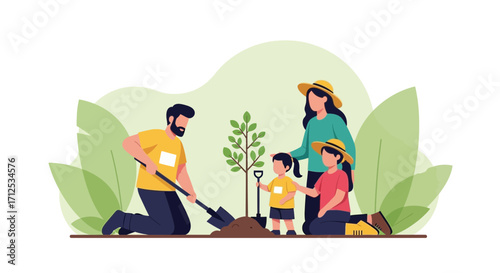 Family Planting Tree Together Spreading Awareness Environmental Conservation Concept Vector