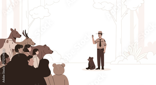 Forest Ranger Speaking With Animals And People In A Conservation Environment