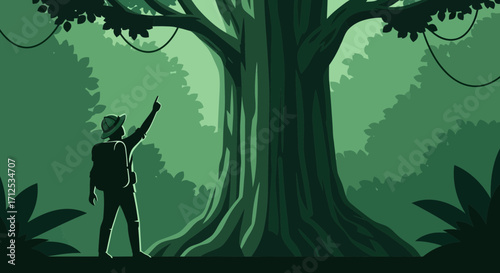 Explorer Gazing In A Lush Green Forest Next To A Gigantic Tree, Pointing Upwards