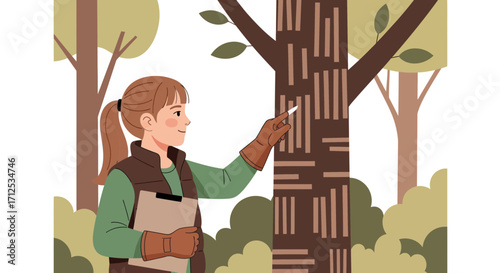 Forestry Professional Examining a Tree and Documenting Findings in a Wooded Area