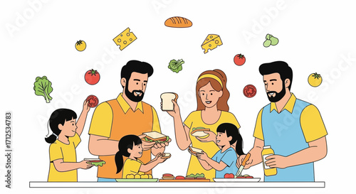 Family Preparing And Making Sandwiches Together, Healthy Meal Preparation.