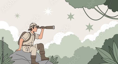 Explorer Gazing With Telescope Observing Hidden Secrets In The Mysterious Landscape