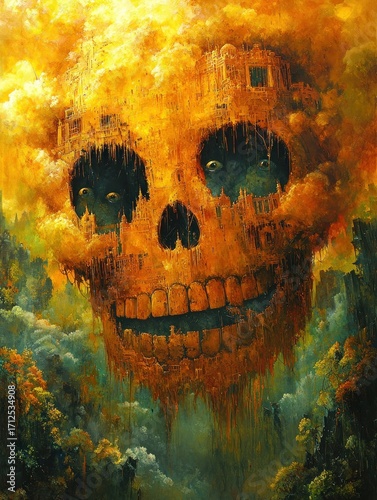 Surreal Skull City Landscape Painting with Dreamlike Fantasy Atmosphere