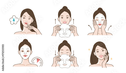 Girl doing skincare set. Collection of woman applying facial sheet mask on her face for hydrated skin. Beauty and hygiene, self care concept. Vector illustration.