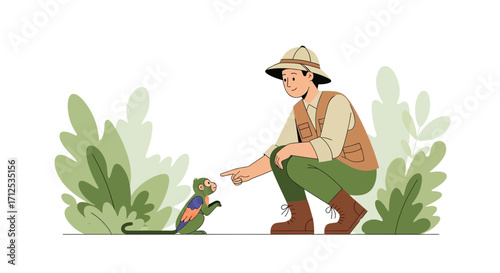 Friendly Explorer Interacts With Curious Monkey in Lush, Illustrated Environment