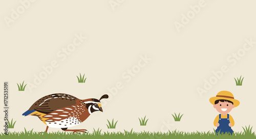 Friendly Farmer Watching A Quail On A Green Meadow In A Sunny Morning