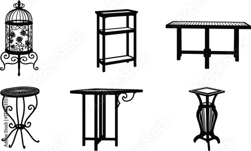 Collection of decorative table silhouettes, vintage furniture, small wooden and metal tables, plant stands, interior design elements, black vector illustration