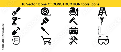 Set of 16 vector icons representing construction tools and safety equipment
