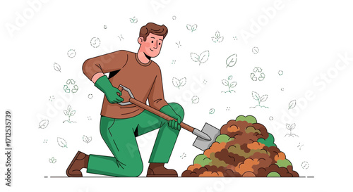 Gardener Composting Soil, Healthy Environment, and Sustainable Practices Illustration