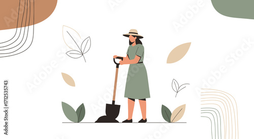 Gardener Digging With Shovel In The Garden Design, Abstract And Modern Style