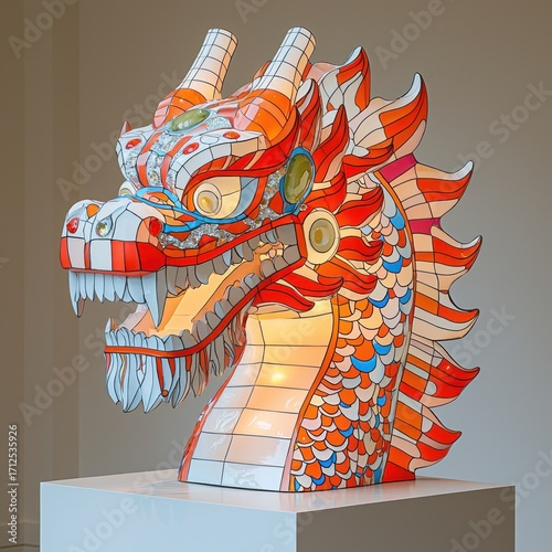 Illuminated Chinese Dragon Head Sculpture Displayed on a Modern White Pedestal