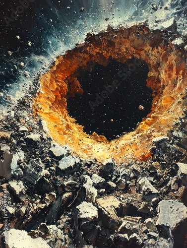 Large Crater After Impact with Debris Field in Space