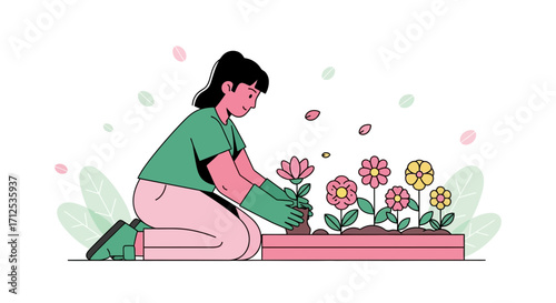 Gardener Planting Flowers in a Pot, Springtime and Floral Gardening at Sunny Day