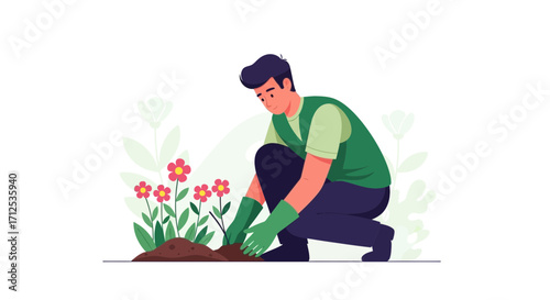 Gardener Planting Flowers in the Soil Illustrating Gardening and Horticultural Practices