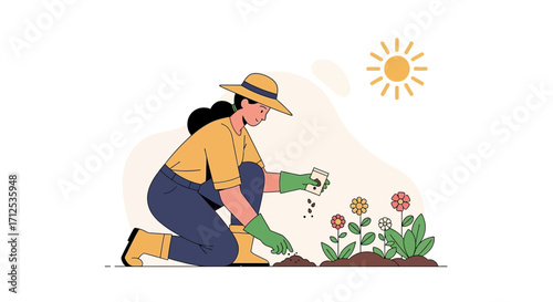 Gardener Planting Flowers Under The Summer Sun in A Charming Field Scene