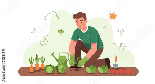 Gardener Planting Seedling In Garden With Vegetables And Tools On White Background