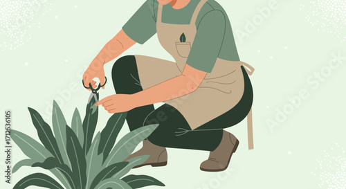 Gardener Pruning Plant With Scissors In An Apron For Horticultural Maintenance Process