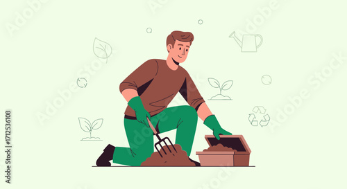 Gardener Preparing Soil in a Flat, Minimalist Illustration for Environmental Wellness