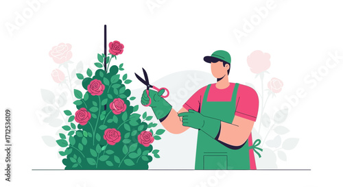 Gardener Pruning Roses with Shears in a Vibrant Garden Scene Illustration