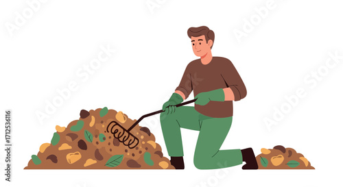 Gardener Raking Compost Heap Depicting Environmentalism And Rural Living Practices