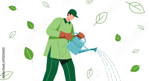 Gardener Spraying Water From Watering Can In A Garden Surrounded By Falling Green Leaves