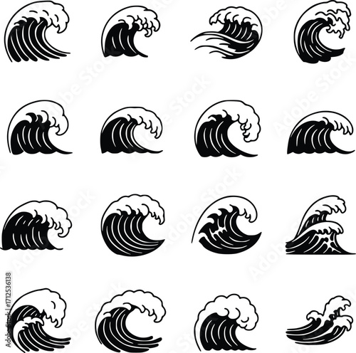 Minimalist Ocean Wave Set –  Black and White Vector Illustrations