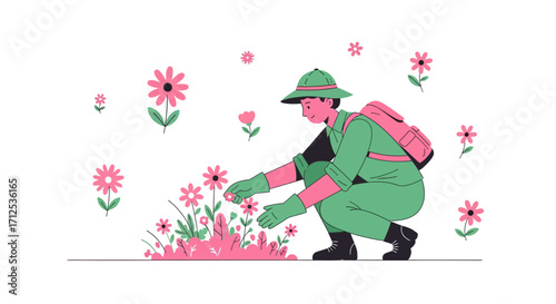 Gardener Tending Blooming Flowers, Floral Illustration, Gardening, Plant Care, Nature's Embrace