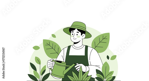 Gardener Watering Plants in a Lush Green Garden Representing Environment And Growth