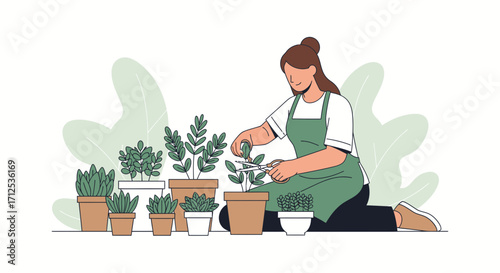 Gardener Trimming Plants Illustrations: A Tranquil Scene Depicting Botanical Pruning
