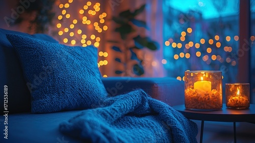 Cozy Home Interior with Candles and Soft Blanket Ambiance