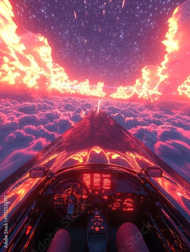 Driving Through Dreamy Clouds with Fiery Sky and Stars at Night
