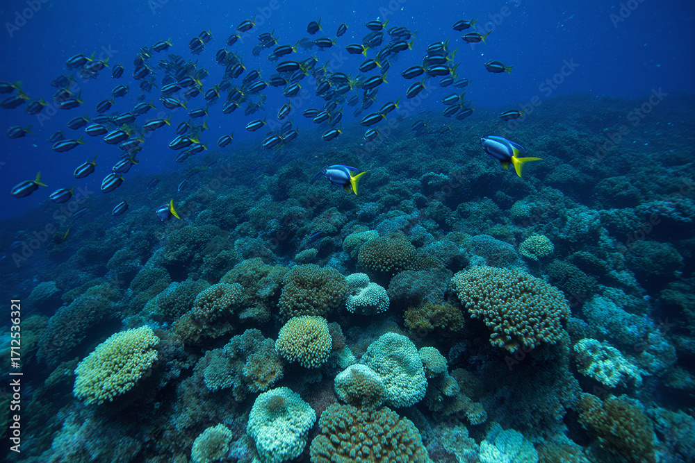 Fototapeta premium Photograph of a vibrant underwater coral reef with numerous small, black-and-yellow striped fish swimming above a diverse, textured coral formation.