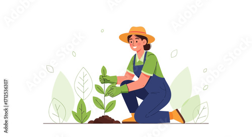 Gardening: A Woman Nurturing A Seedling In A Lush Green Garden Environment