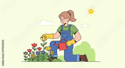 Gardening Girl Tending Flowers, Sunshine, And Blossoming Blooms With Joy.