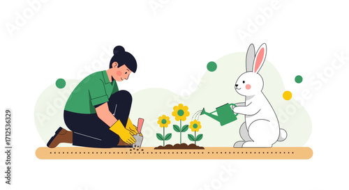 Gardening Fun: A Gardener And Adorable Rabbit Working Together To Tend The Garden