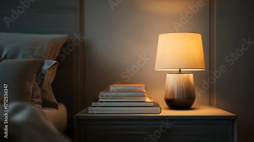 Warm Table Lamp on Nightstand with Stacked Books in Cozy Bedroom Setting