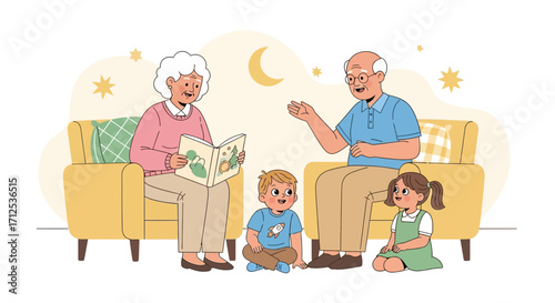 Family Reading Storybook Together, Grandparents and Grandchild Delight in Evening Tales