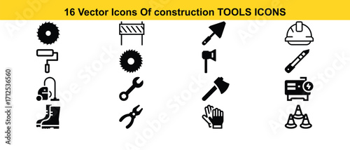 Set of 16 vector icons representing construction tools and safety equipmentV