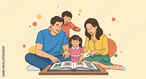 Family Reading Together A Book About Their Memories In A Charming Illustrative Style