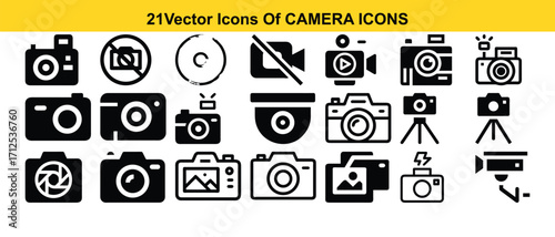 PrintCollection of 21 vector icons representing various camera types and photography concepts