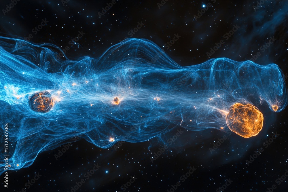 Naklejka premium A slow panoramic shot reveals floating asteroids illuminated by electric blue nebula gas, drifting through the silent vacuum of space amid glowing particle trails